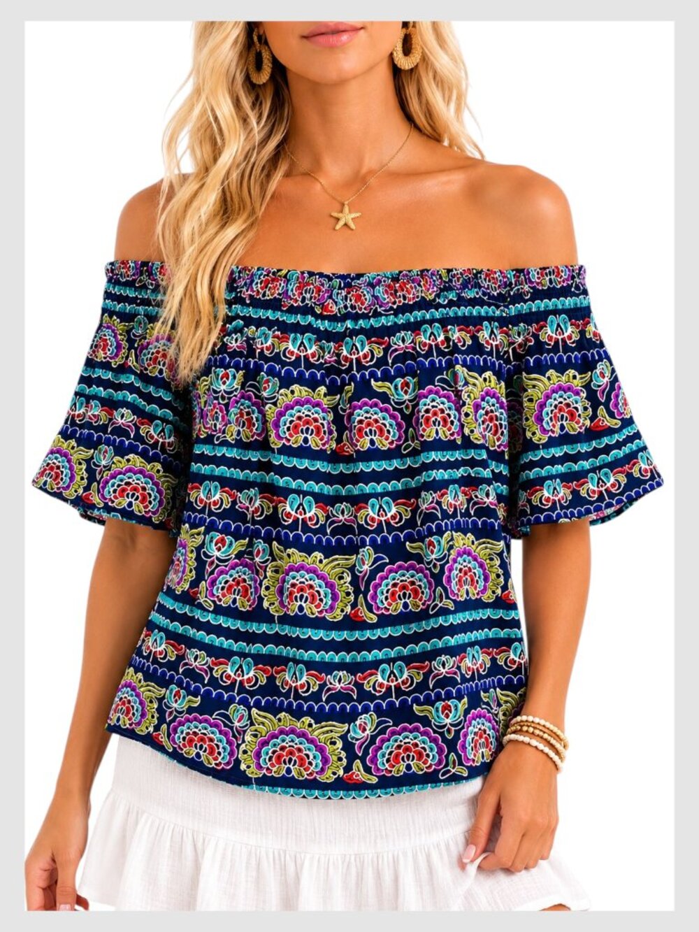 Aqua Romeo & Juliet Off Shoulder Embroidered Peasant Top Multi M